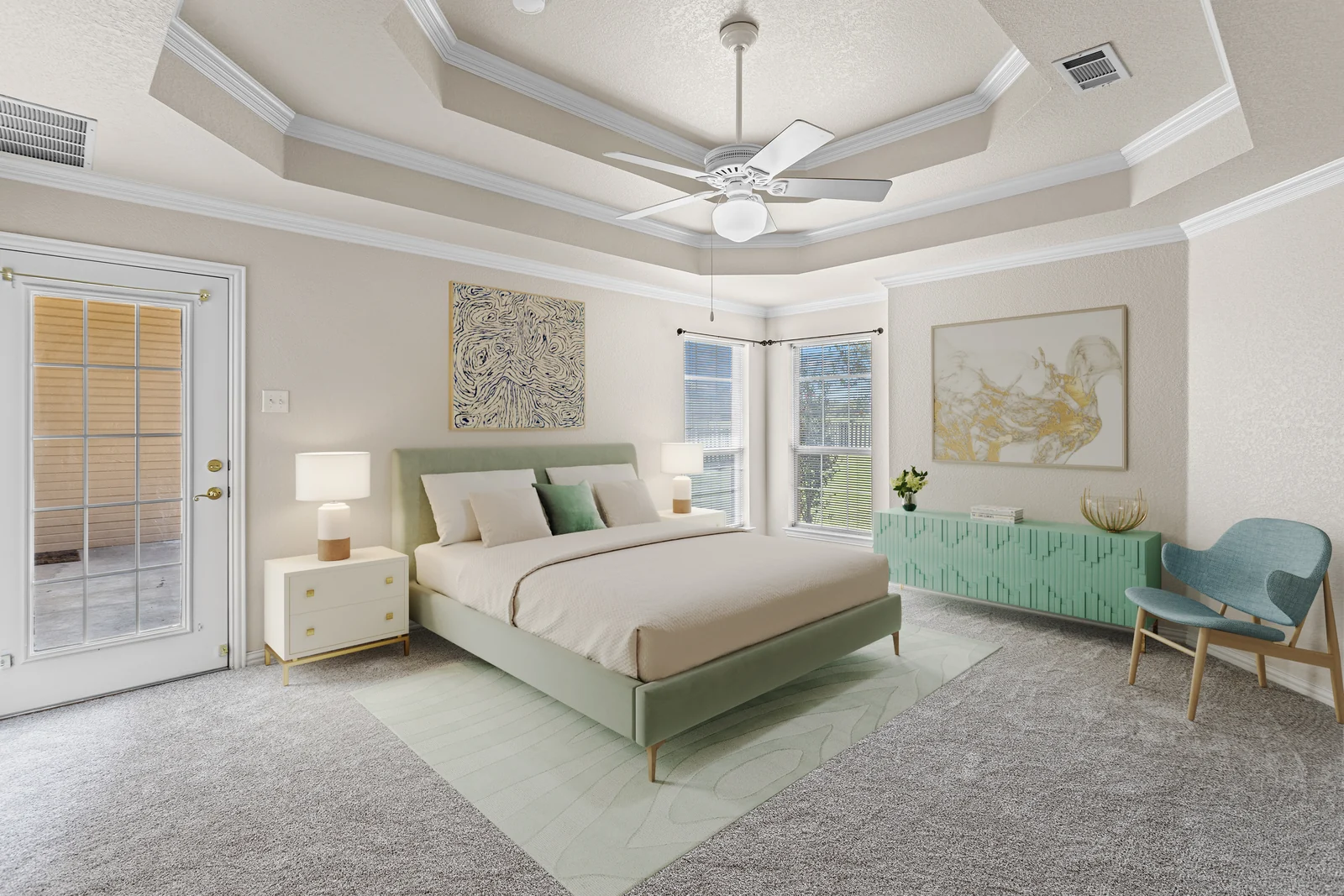 Bedroom view at 9530 Blarney Stone Way showing the windows and stepped ceiling
